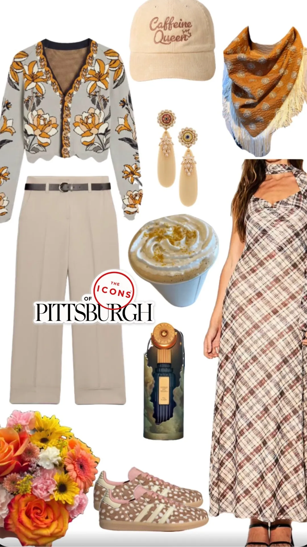 A styled flat-lay of fall finds from ICONS businesses: a floral cardigan, plaid maxi dress, corduroy cap, latte, perfume and fresh flowers