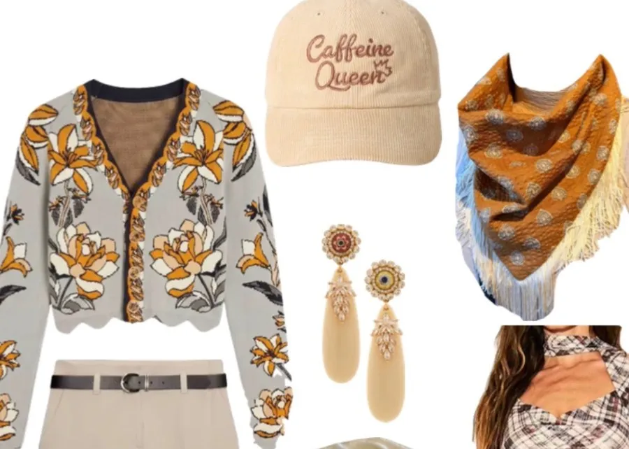 A styled flat-lay of fall finds from ICONS businesses: a floral cardigan, plaid maxi dress, corduroy cap, latte, perfume and fresh flowers